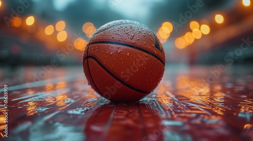 Textured basketball on court with shallow depth of field effect, generative ai photo