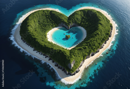 View of heart shaped island. Generative AI © Sergey Ilin
