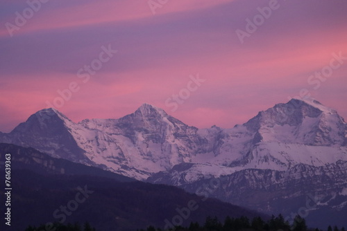 Purple sunset over Eiger Monch and Jungfrau