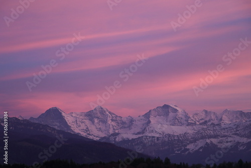 Purple sunset over Eiger Monch and Jungfrau