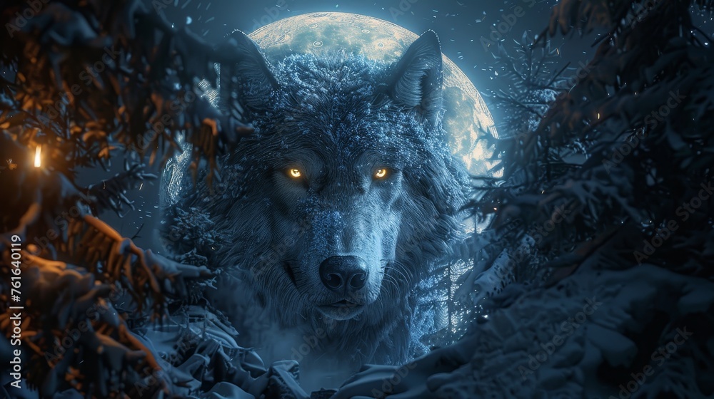 A mystical wolf with glowing eyes stands beneath a full moon, its fur frosted, exuding an aura of enigmatic wilderness. - obrazy, fototapety, plakaty 