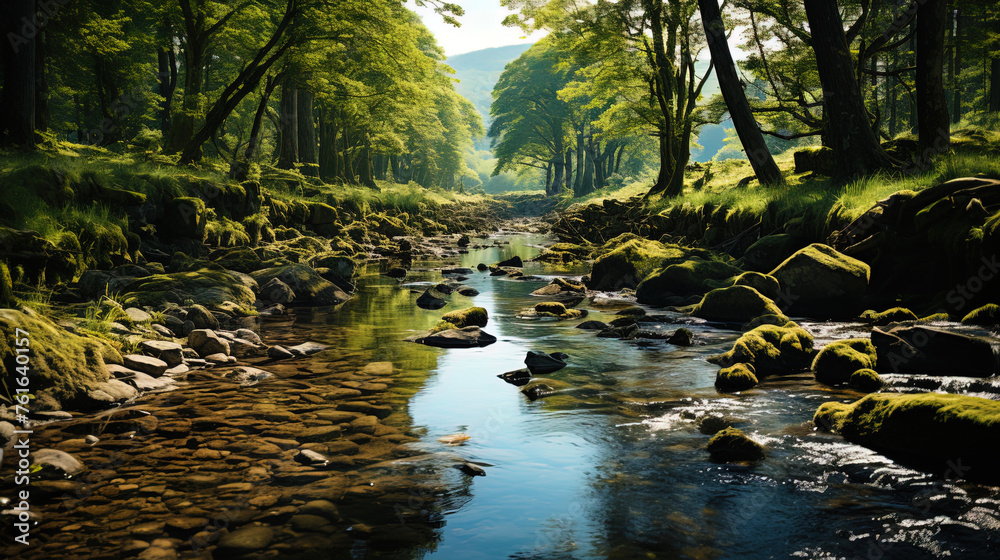 Obraz premium A calm cascading stream shimmered in the sun, like a peaceful spirit, lit by the light of heav