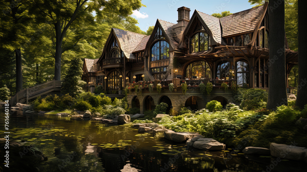 A captivating mansion, with a view of the river, drowning in the greenery of the forest, like a p