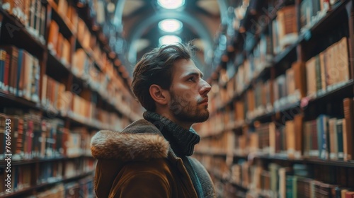 Thoughtful young man wandering the aisles of an antique library, surrounded by towering shelves of classic literature.