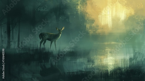 A young fawn stands beside a tranquil  reflective water surface under a canopy of golden light in a serene setting.