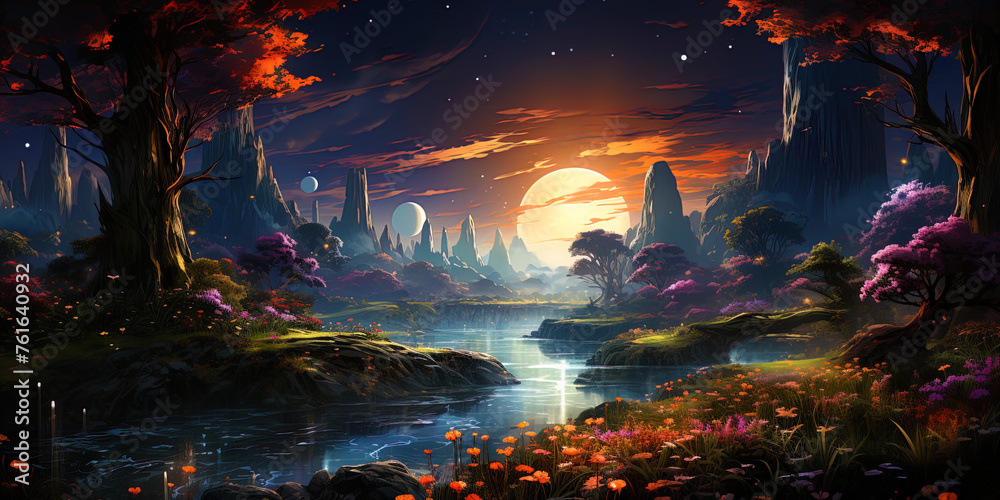 A planet covered with magic forests and luminous plants, like a luminous oasis in the darkness
