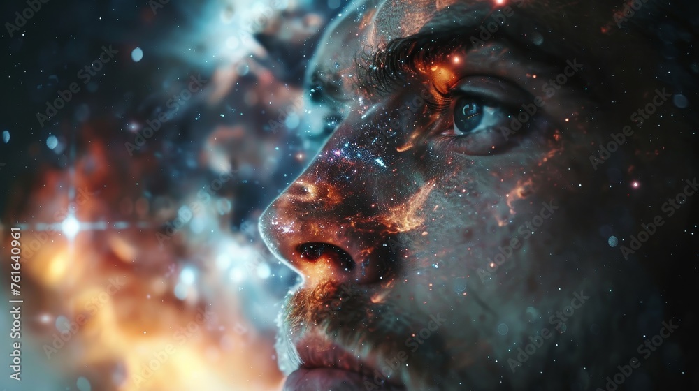 A close-up of a man's face merged with a vivid cosmic background, symbolizing deep reflection and the vastness of the universe.