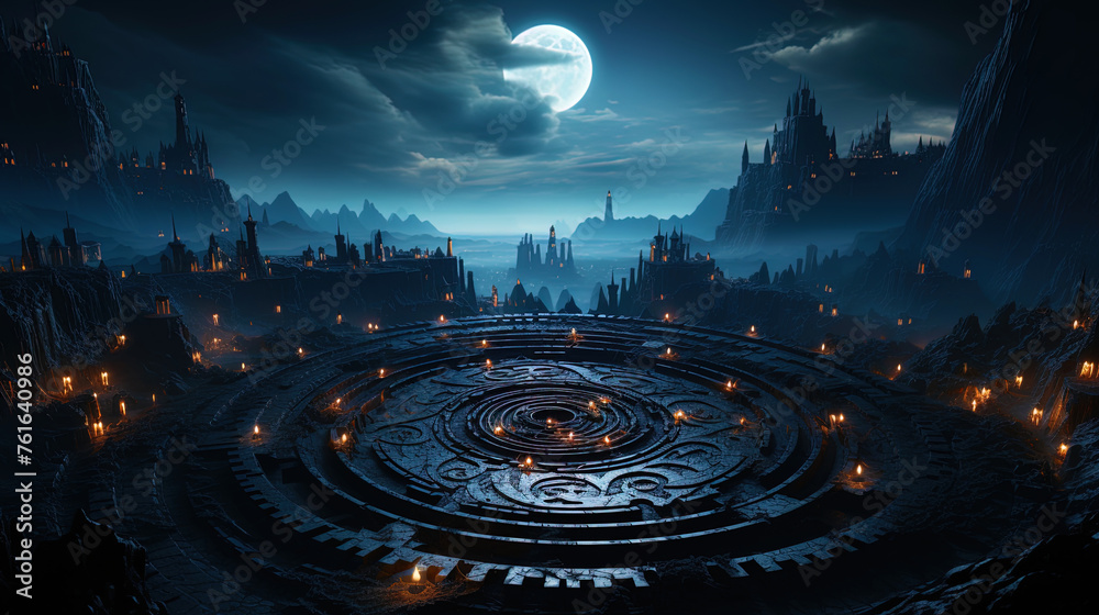 A planet with dark labyrinths and mysterious temples, like a place of power and ancient wis - obrazy, fototapety, plakaty 