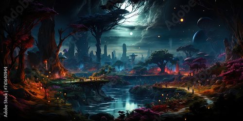A planet covered with magic forests and luminous plants, like a luminous oasis in the darknes