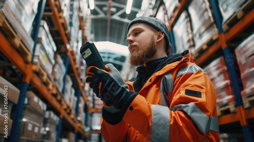 person in the shop, close-up of a warehouse worker screening package with barcode scanner