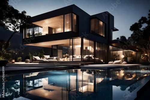 modern house in night with pool © Muhammad