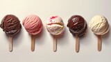 Assorted ice cream scoops in a row showcasing different flavors and toppings for a delicious dessert