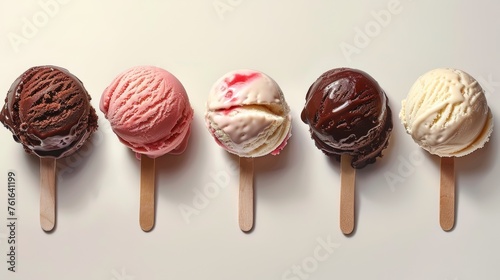 Assorted ice cream scoops in a row showcasing different flavors and toppings for a delicious dessert photo