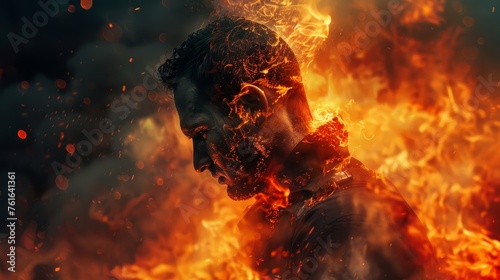 A powerful and emotional portrait capturing a person profile engulfed in flames, symbolizing unyielding courage and the fiery spirit of resilience.