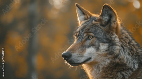 Profile of a majestic wolf bathed in the golden light of autumn  with a soft-focus forest background.
