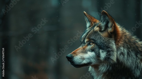 Ethereal image of a wolf in profile, its gaze fixed intently, set against the mystical backdrop of a misty, snow-dotted forest.