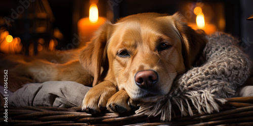 The golden labrador, calmly lying by the fireplace on a cold winter evening, like a source of