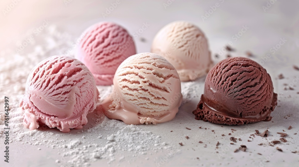 Scoops of ice cream in strawberry, chocolate, and vanilla flavors dusted with powdered sugar Scoops of ice cream in strawberry, chocolate, and vanilla flavors dusted with powdered sugar