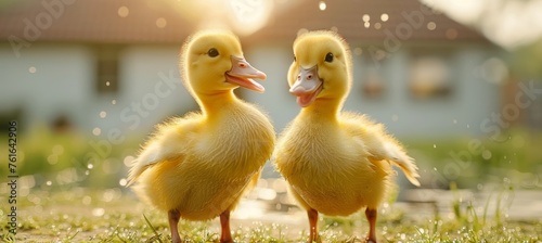 Curious ducklings joyfully waddling near a shimmering pond in their natural habitat