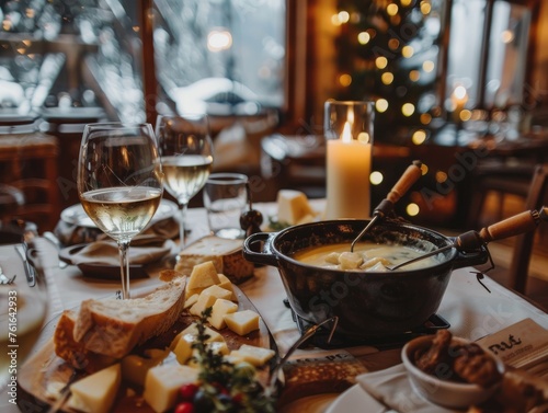 Swiss fondue dinner with a variety of cheeses on a board and a heated pot of cheese fondue in a tavern or restaurant