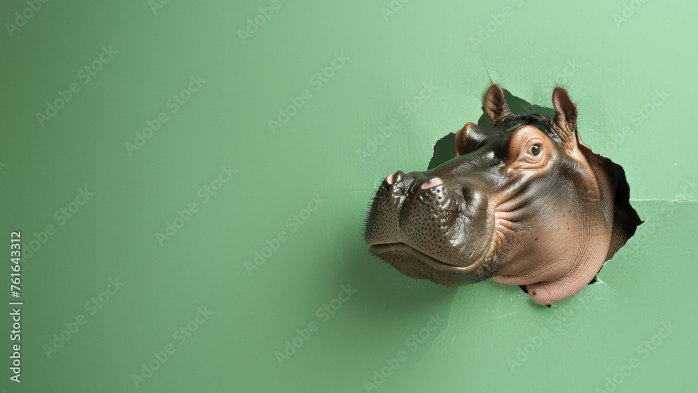 A photorealistic hippopotamus is depicted as humorously emerging from a pastel green wall A photorealistic hippopotamus is depicted as humorously emerging from a pastel green wall