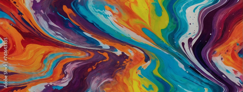 Bold and vibrant abstract painting texture featuring marbled acrylic ink waves in a colorful rainbow swirl, ideal for creating energetic and visually stunning banners and backgrounds.