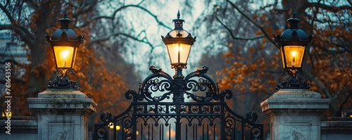 Cast iron metal gates and lamp on marble arch photo