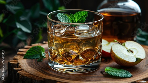 Fresh apple juice in glass with mint leaves on blurred background, space for text
