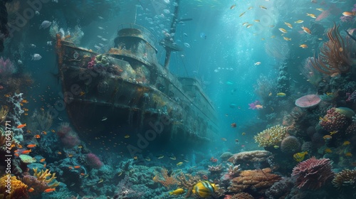 Underwater view of the wreck of an old ship on a coral reef