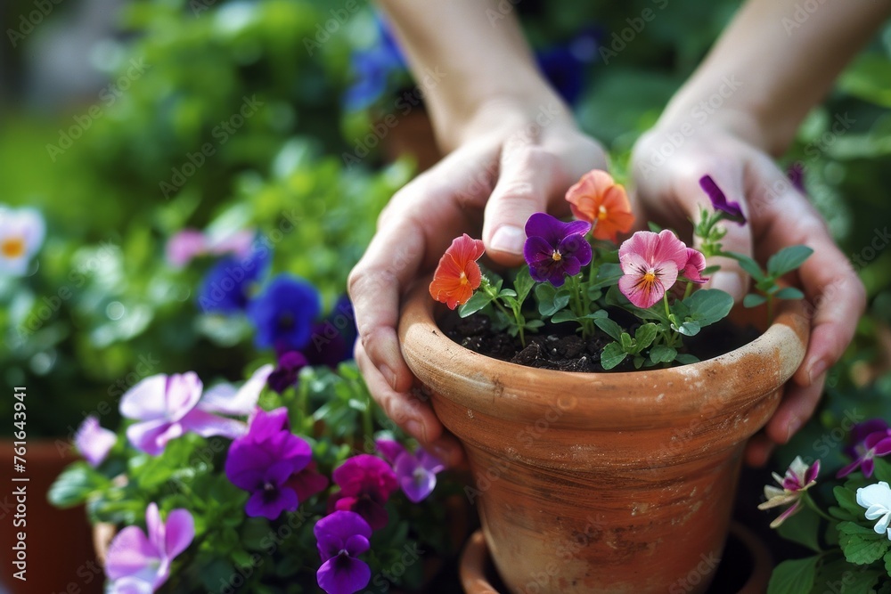 Hands gently cradle a flowering pot in a lush garden, symbolizing care and growth.