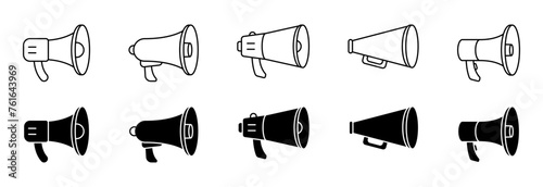 Megaphone icon collection. Loudspeaker - flat and linear icons set.