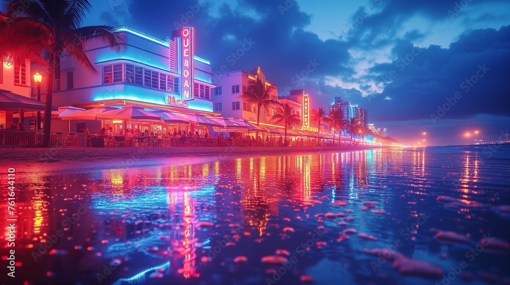 Pastel Dreams: Neon Reflections on Miami Beach, generative ai