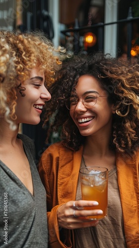 cheerful mature female friends in casual clothes with curly hair and glasses of drinks smiling and looking at each other