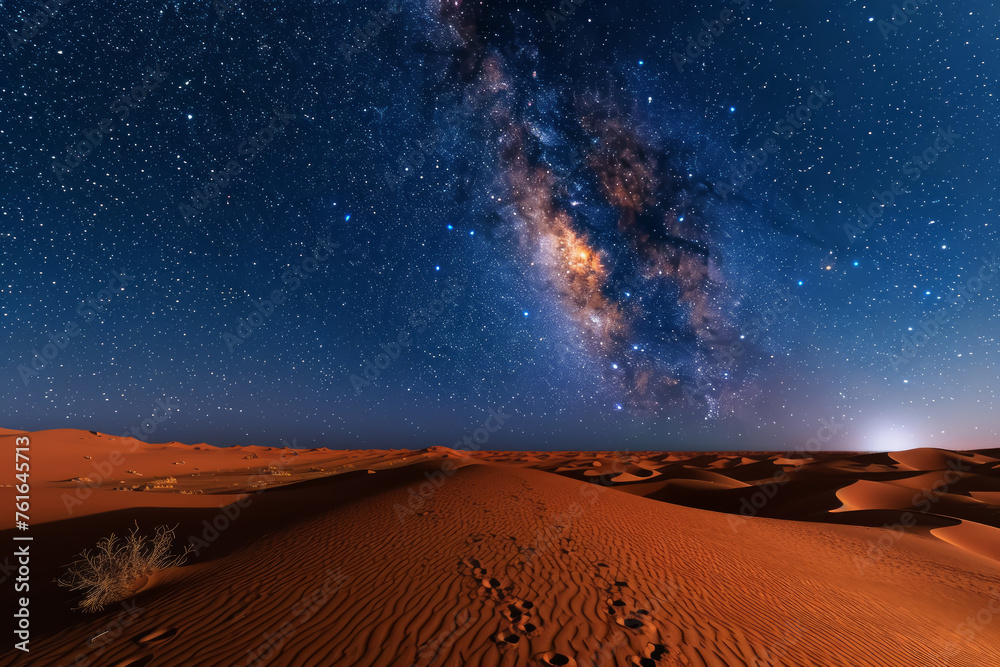 Starry night over desert sands with the Milky Way galaxy rising on the horizon under a clear sky - obrazy, fototapety, plakaty 