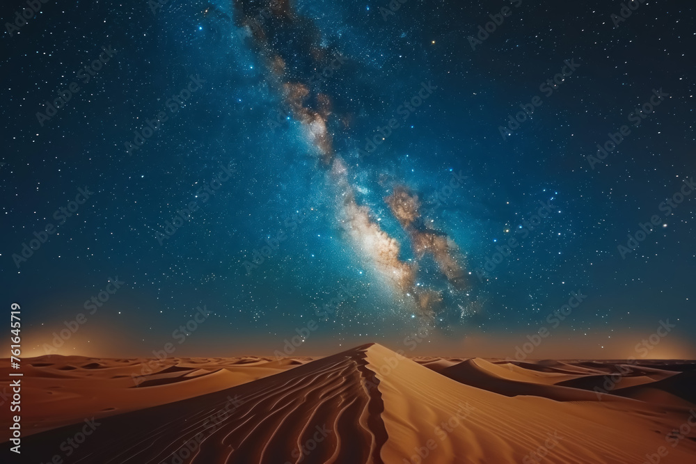 Desert under the night sky with the Milky Way painting the horizon with stars and nebulae - obrazy, fototapety, plakaty 