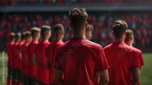 Rear view of football players in red t-shirts standing in line. Concept of football