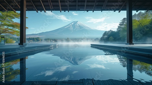 Contemplating Nature: Onsen with a View of Mount Fuji, generative ai