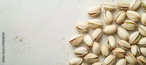 Pistachios displayed on white table with abundant room for text, ideal for versatile usage