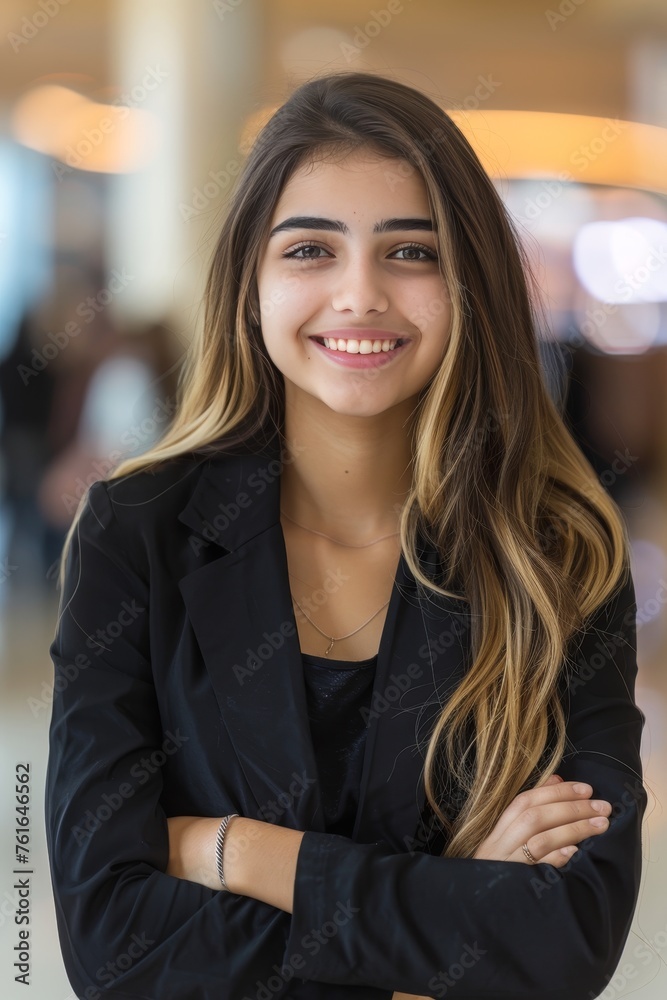Obraz premium Confident businesswoman smiling in professional setting with copy space on blurred background