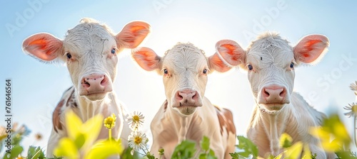 Energetic and delightful young calves joyfully frolicking in a sunlit and vibrant pasture
