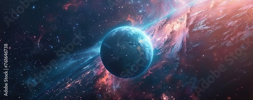 Cinematic scene of planet earth globe on starry space background. photo
