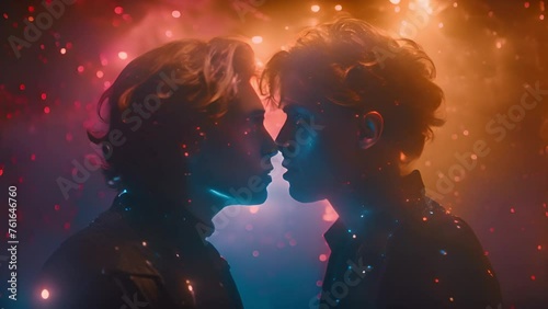 Stylish Handsome Young Adult Gay Couple kissing concept with colorful smoke. Two Happy Men in Love in Casual Clothes Make a Gentle Headbutt. Cute LGBT Relationship Content. 4k video. Beauty photo