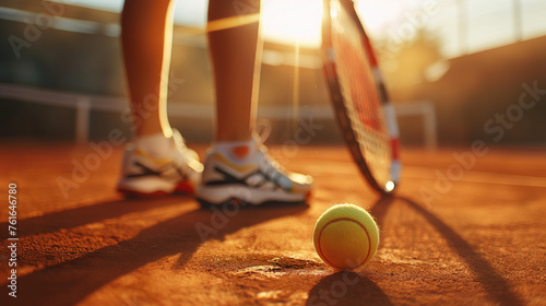 Tennis player on tennis court at sunset. Closeup of tennis racket and ball