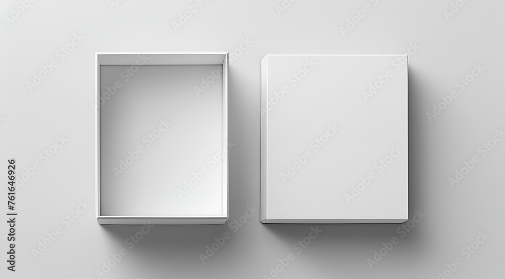 White horizontal rectangle blank box from top side far angle, Blank magnetic box package, Square sliding drawer box mockup, Generative Ai - obrazy, fototapety, plakaty 