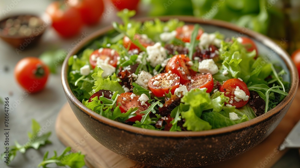 Healthy Diet Choice: Colorful Salad Bowl with Feta Cheese in Sunlit Kitchen, generative ai Healthy Diet Choice: Colorful Salad Bowl with Feta Cheese in Sunlit Kitchen, generative ai