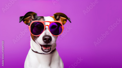 Happy, contented dog wearing sunglasses during vacation or vacation on a purple background. Advertising holidays for animals, travel agency, pet store, modern training and courses. © ALA