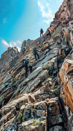 Climbers ascending a steep rocky slope © Coosh448