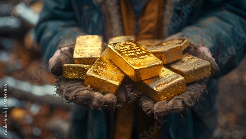 A pile of gold bricks being held with both hands, is showing it from the front, presenting the object found, plenty of gold brick, refined and cut 