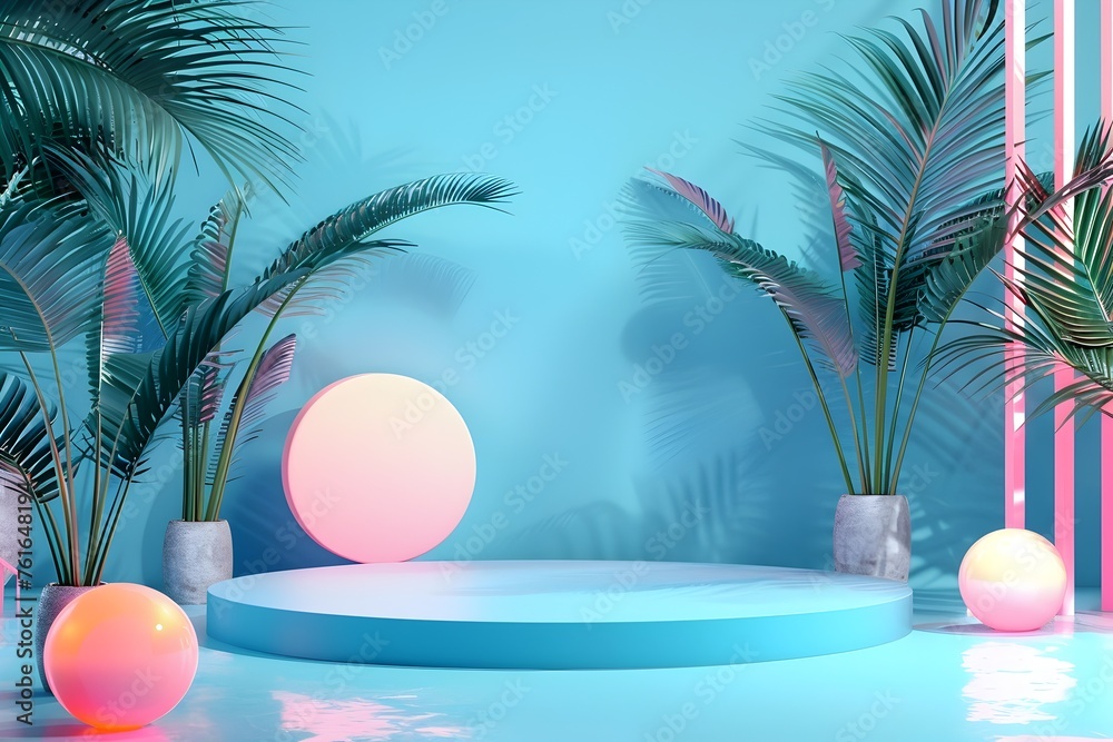 Memphis Style Blue Podium with Pastel Palms and Geometric Shapes: A Youthful Product Showcase