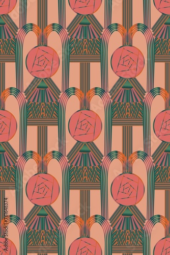 Art Deco seamless pattern with Glasgow style fountains and roses on a pink pastel background. Suitable for interior, wallpaper, fabrics, clothing, stationery.